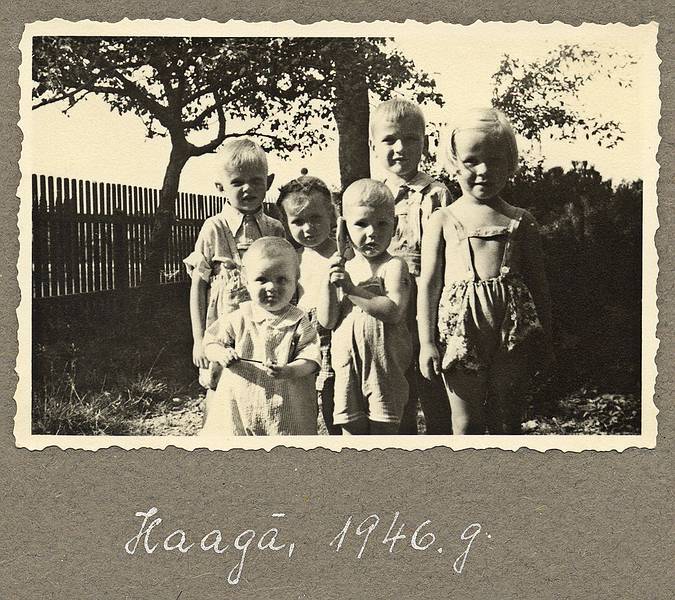 1946 - Haag, Bavaria, Germany.<br />Arnis, Inara, Elga, ?, Egils, ?