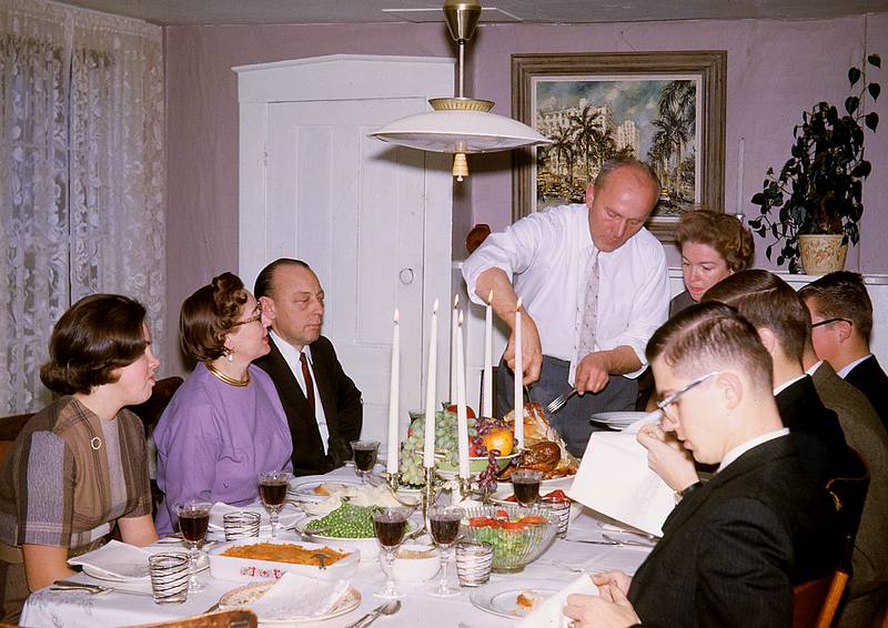 Nov. 1962 - Manchester by the Sea, MA.<br />Helga, Velta, Eriks, Alberts, Mirdza, Uldis, Bob, Juris, and Frank sitting around the Thanksgiving table.