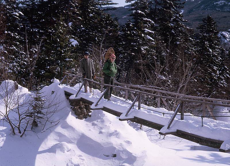 Feb 1963 - Pinkham Notch, NH.<br />Egils and Frank on bridge over the Cutler River at start of Tuckerman Ravine trail.