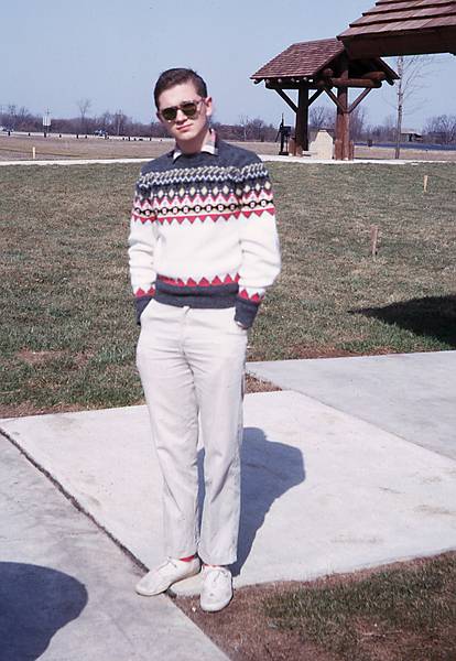 April 1963 - Along I-94, Michigan.<br />Chicago to Tufts University trip.<br />Frank Kutyna at a rest area.