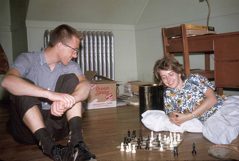 June 1963 - 14 West Hall, Tufts University, Medford, MA.<br />Bob and Tina playing chess.