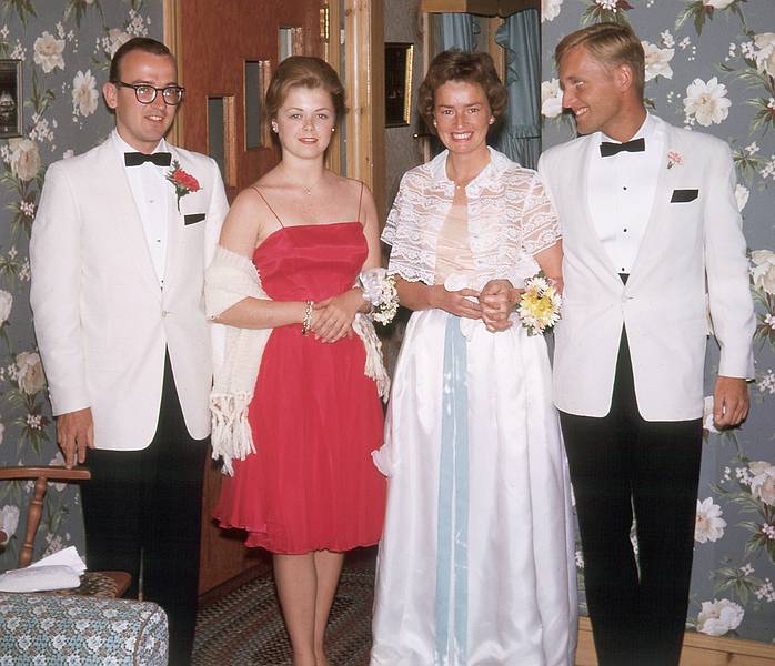 June 1963 - At Madeline's (John's mother's) in Lynn, MA.<br />Egils, Pat, Marilyn and John before the Tufts University senior prom.