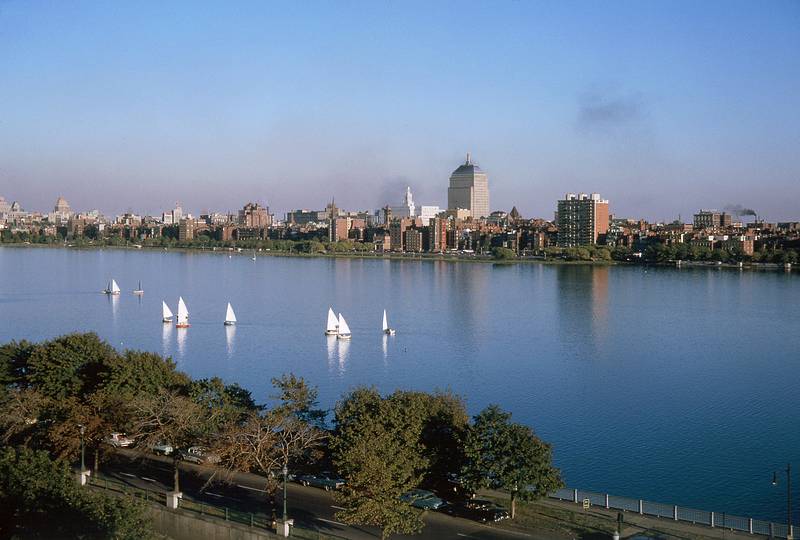 Oct 1963 - Cambridge, MA.<br />Charles River and Boston skyline from atop the Graduate House at MIT.