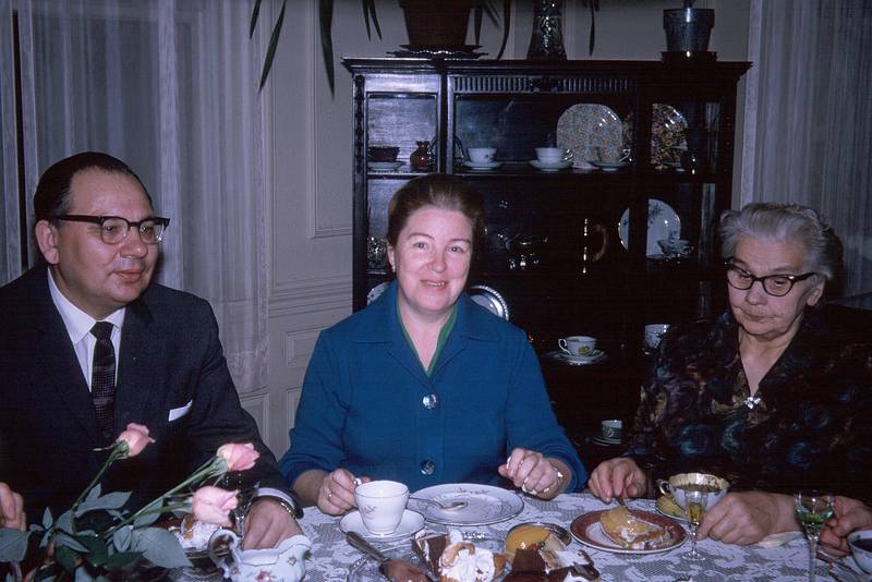 Feb 1964 - At Erik and Velta's in Jamaica Plain, Boston, MA.<br />Pastor Ruperts and his mother surrounding Mirdza (who is Ernest's sister Hermine's daughter).