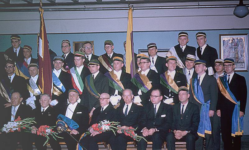 March 1964 - Boston, MA.<br />Latvian fraternity affair. Egils standing at extreme right.