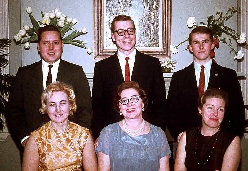 March 1964 - At Erik and Velta's, Jamaica Plain, Boston, MA.<br />Juris' 21st birthday celebration?<br />Egils Malitis, Juris, Uldis behind their mothers Edite Malitis, Velta, and Mirdza.