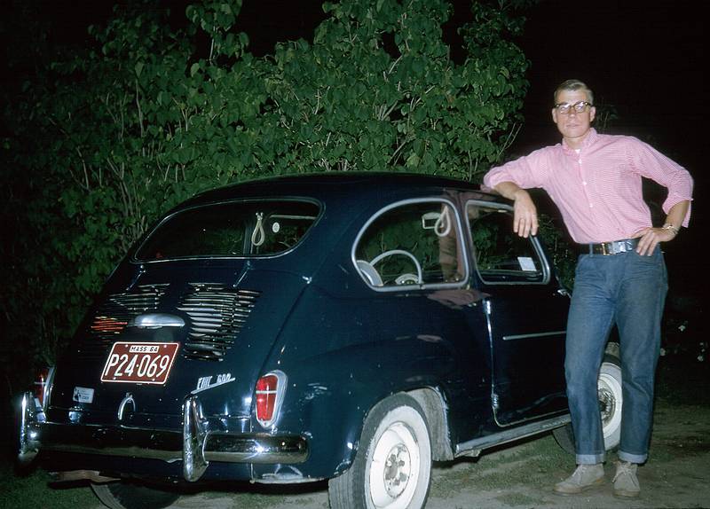 Sept 1964 - At Albert and Mirdza's in Manchester by the Sea, MA.<br />Juris and his first car, a Fiat 600.