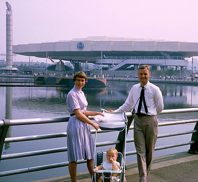 July 1965 - World's Fair on Long Island, NY.<br />Marilyn, Maureen, and John on front of the AT&T pavilion.