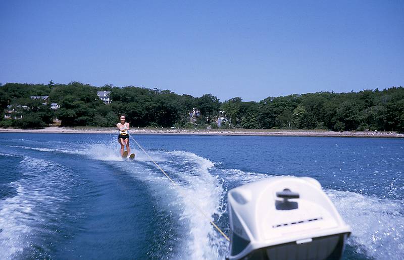 July 1965 - Manchester by the Sea, MA.<br />Baiba waterskiing in Black Beach cove.