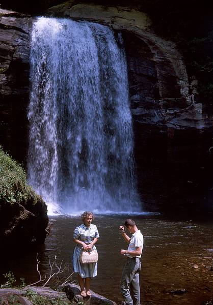 Aug 15, 1965 - Along the Blue Ridge Parkway, NC.<br />Frank's mother and Frank at 60 foot Looking Glass Falls.