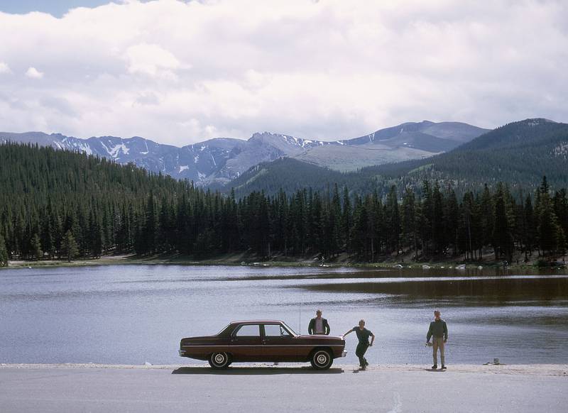 Aug 20, 1965 - Echo Lake at the foot of Mt. Evans, Colorado.<br />Egils, Bob racing from the camera to get into the picture, and Frank.