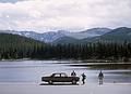 Aug 20, 1965 - Echo Lake at the foot of Mt. Evans, Colorado.<br />Egils, Bob racing from the camera to get into the picture, and Frank.