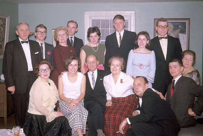 Dec 31, 1965 - At parents home in Boxford, MA.<br />The whole gang: standing, Alberts, Uldis, Tereze, Paul D., Helga, Joe, Mara, Juris;<br />seated, Velta, Baiba, father, mother, Eriks, Frank, Mirdza.