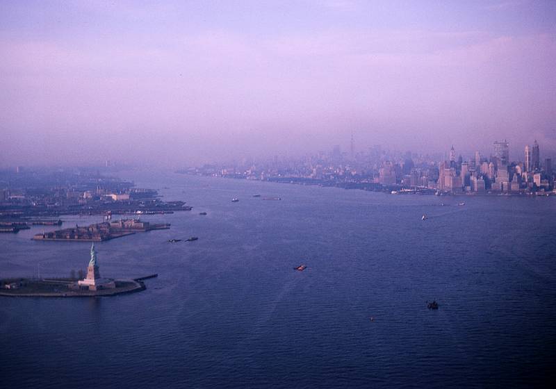 April 7, 1966 - Helicopter ride from Newark to Kennedy airports.<br />Statue of Liverty, the Hudson River, and Manhattan.
