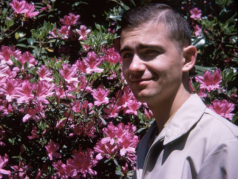 April 10, 1966 - Middleton Gardens, South Carolina.<br />Frank and azaleas.