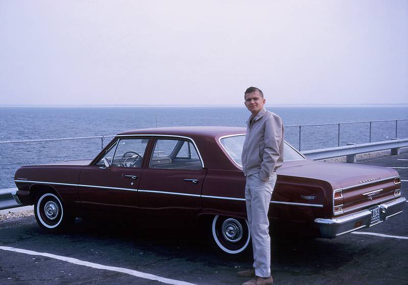 April 11, 1966 - Chesapeake Bay Bridge and Tunnel, Virginia.<br />Frank and his 1965 Chevrolet Malibu.