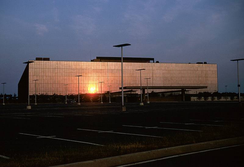 July 1966 - Bell Labs, Holmdel, NJ.<br />West end of building at sunset.
