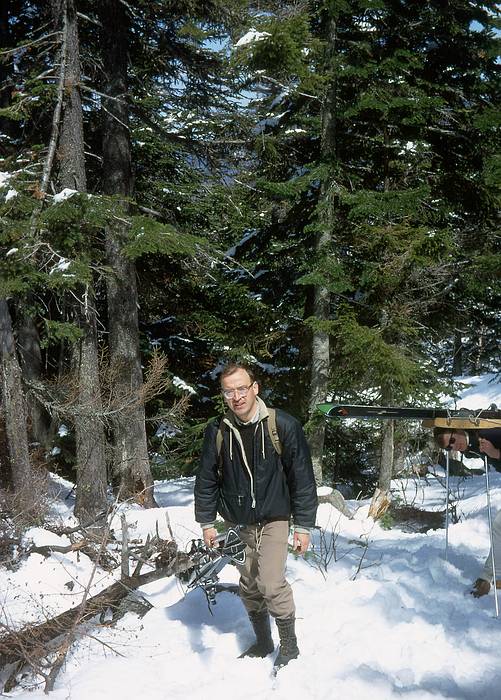 May 13, 1967 - Pinkham Notch, NH.<br />Egils near the bottom of Tucherman Ravine ski trail after skiing Hillman Highway.