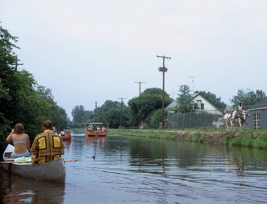 June 1967 - Murray Hill Canoe Club trip on the Pennsylvania Canal, PA.<br />A horse (or is it a mule?) drawn barge.