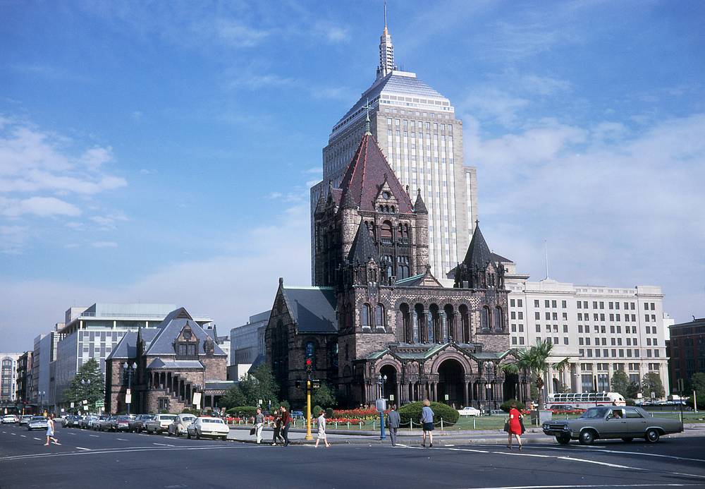 Sep 1967 - Boston, Massachusetts.<br />Copley Square with Trinity Church and the old John Hanckock building in back..