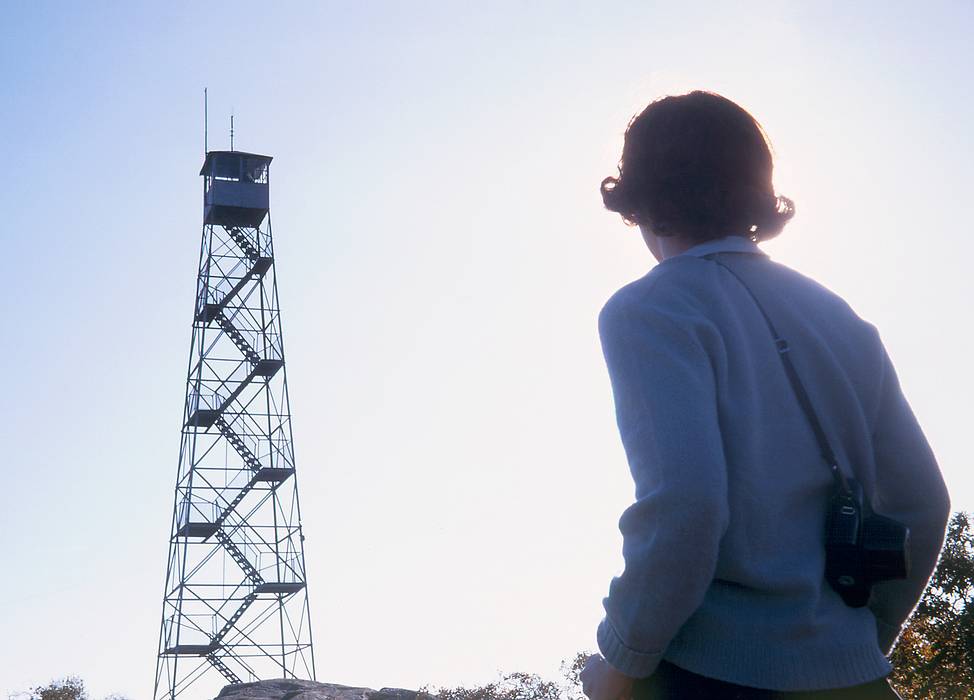 Oct 1967 - Hike along the Hudson River to Beacon Mtn., NY.<br />A Murray Hill Canoe Club event.<br />Barbara looking back at the fire tower atop Beacon Mtn.