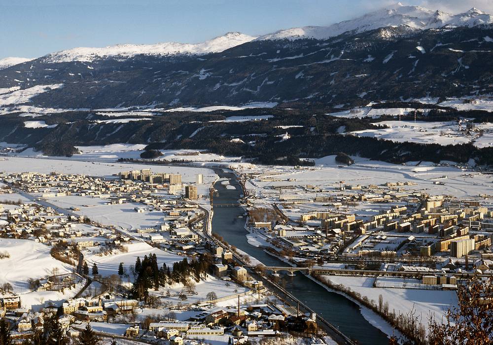 Feb 5, 1968 - Innsbruck, Austria.<br />View from Hungerburg in the late afternoon.