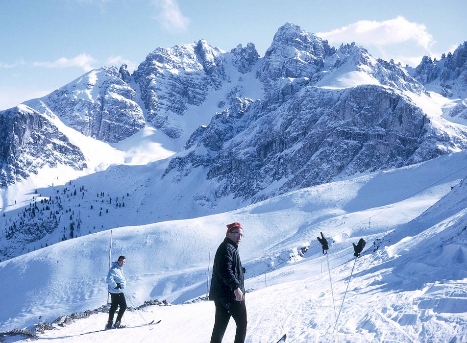 Feb 8, 1969 - Axamer Lizum, Austria, ski area.<br />Gerd and Jack with Horzingwand and Widdersberg (7600').