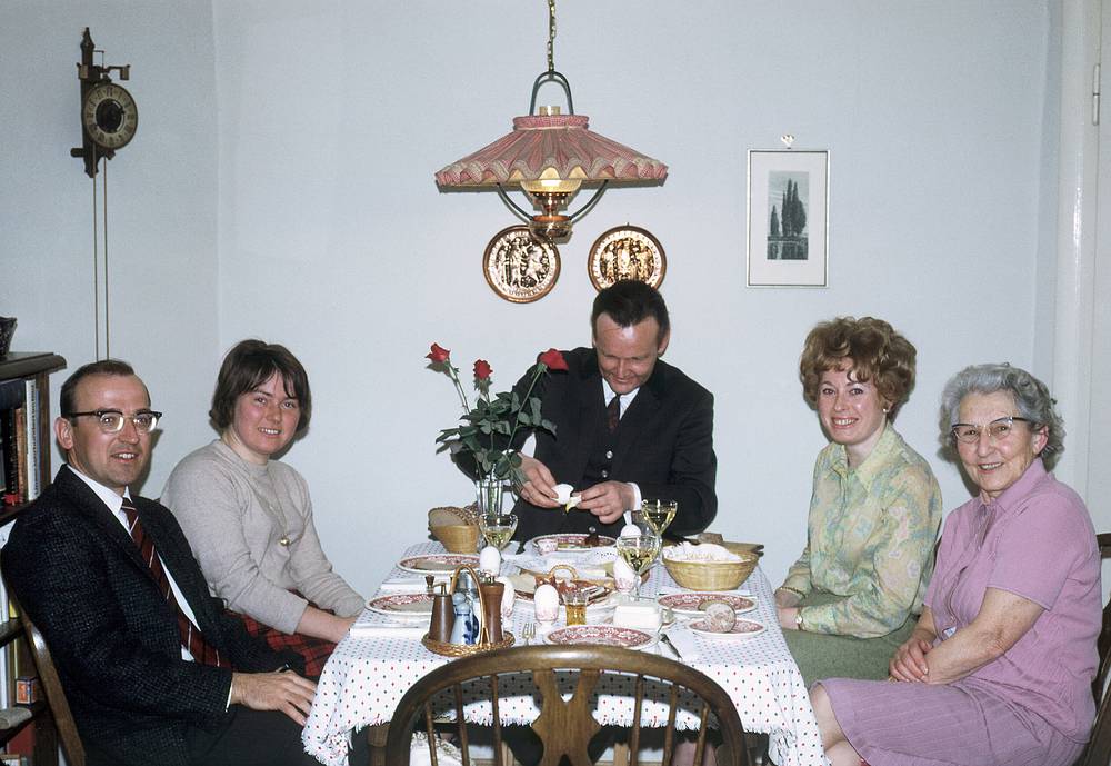 Feb 11, 1968 - Munich, Germany.<br />At Gretchen and her husband's apartment.<br />Egils, Gretchen's sister Pauline, Gretchen's husband, Gretchen, and Frau Sirtl.