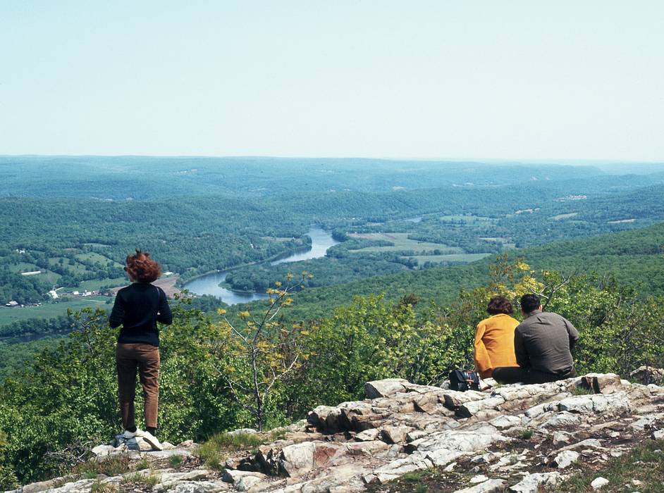 May 25, 1968 - Murray Hill Canoe Club hike along the Appalachian Trail to Sunfish Pond, New Jersey.<br />Barbara and a couple looking down on the Delaware River.