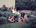 June 8, 1968 - At the Emuts house in Boston, Massachusetts.<br />Dr.Likais (Mrs. Elmuts' sister), Mrs. Zarins (a visitor from Latvia - no relation),<br />and  Mrs. Elmuts sitting on the grass, Isolde Jansons, Rusins Jansons,<br />Hilda (mother),  Karlis (father) standing.