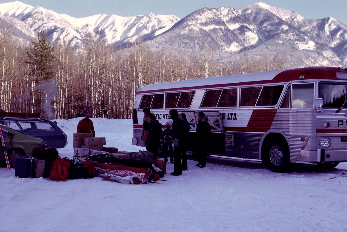 Dec 29, 1973 - Calgary, Alberta, to Spillimacheen, British Columbia, Canada.<br />The bus drops us off in a parking lot at Spillimacheen.