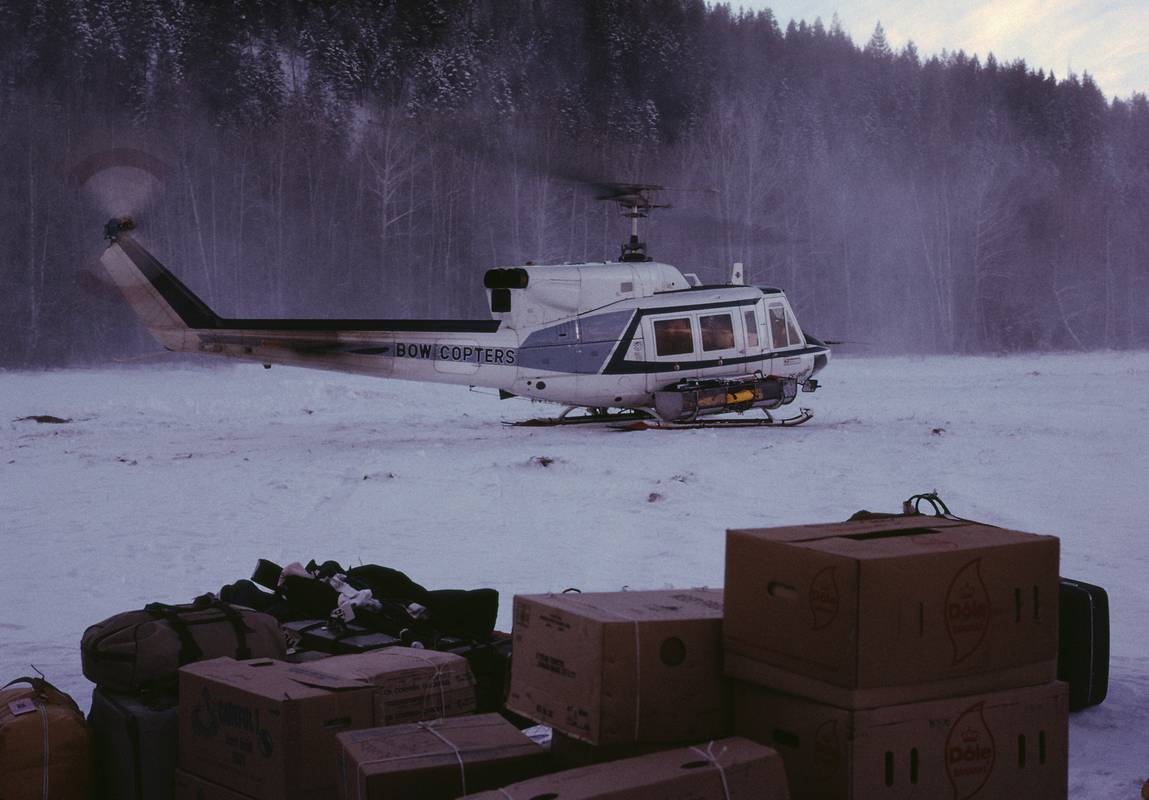 Dec 29, 1973 - Calgary, Alberta, to Spillimacheen, British Columbia, Canada.<br />The helicopter arrives at the Spillimacheen parking lot.