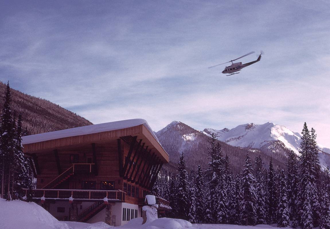 Dec 29, 1973 - Calgary, Alberta, to Spillimacheen, British Columbia, Canada.<br />Helicopter departs Canadian Mountain Holidays' Bugaboo Lodge for the last of the skiers.