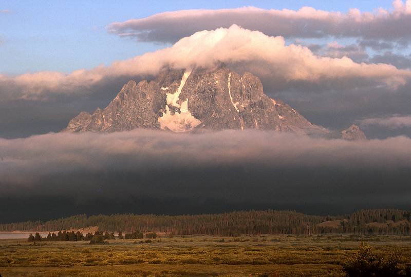 August 15, 1979 - Grand Teton National Park.<br />View of the Tetons (Mt. Moran) from Jackson Lake Lodge early in the morning.
