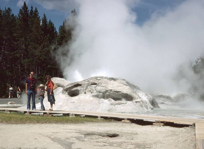 August 15, 1979 - Yellowstone National Park, Wyoming.<br />Ronnie, Julian, Baiba on boardwalk in the Old Faithfull area.