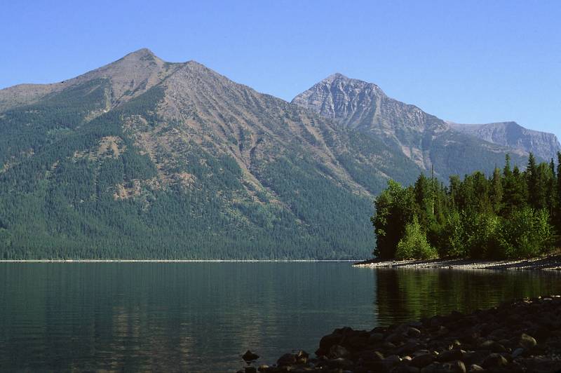 August 17, 1979 - Glacier National Park, Montana.<br />Lake McDonald, with Mt. Stanton (7754') and Mt. Vaught (~8800') in back.