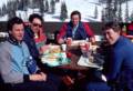 March 4, 1981 - Alta, Utah.<br />Dave, Oscar, Harry, and Jim having lunch on a terrace on the slopes.