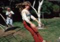 April 19, 1981 - Manchester by the Sea, Massachusetts.<br />Krista jumping off the swing.
