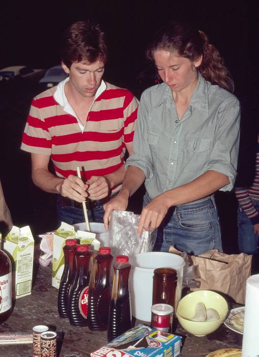 July 19, 1981 - Along and on the Connecticut River in Vermont.<br />MV Bell Labs Outing Club canoeing trip.<br />Chuck and Terry preparing breakfast.