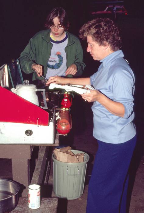 July 19, 1981 - Along and on the Connecticut River in Vermont.<br />MV Bell Labs Outing Club canoeing trip.<br />Nick's wife at the stove.