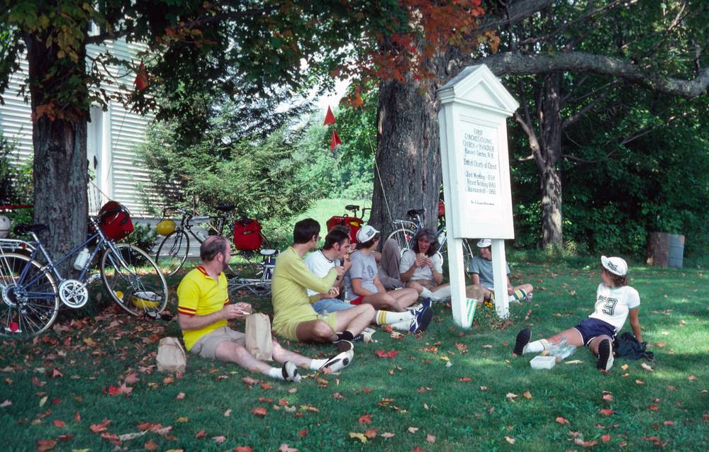 Sept. 5, 1981 - Vermont Bicycle Touring based at Lyme Loch Inn, New Hampshire.<br />Buzzy and others at lunch in Hanover Center, New Hampshire.