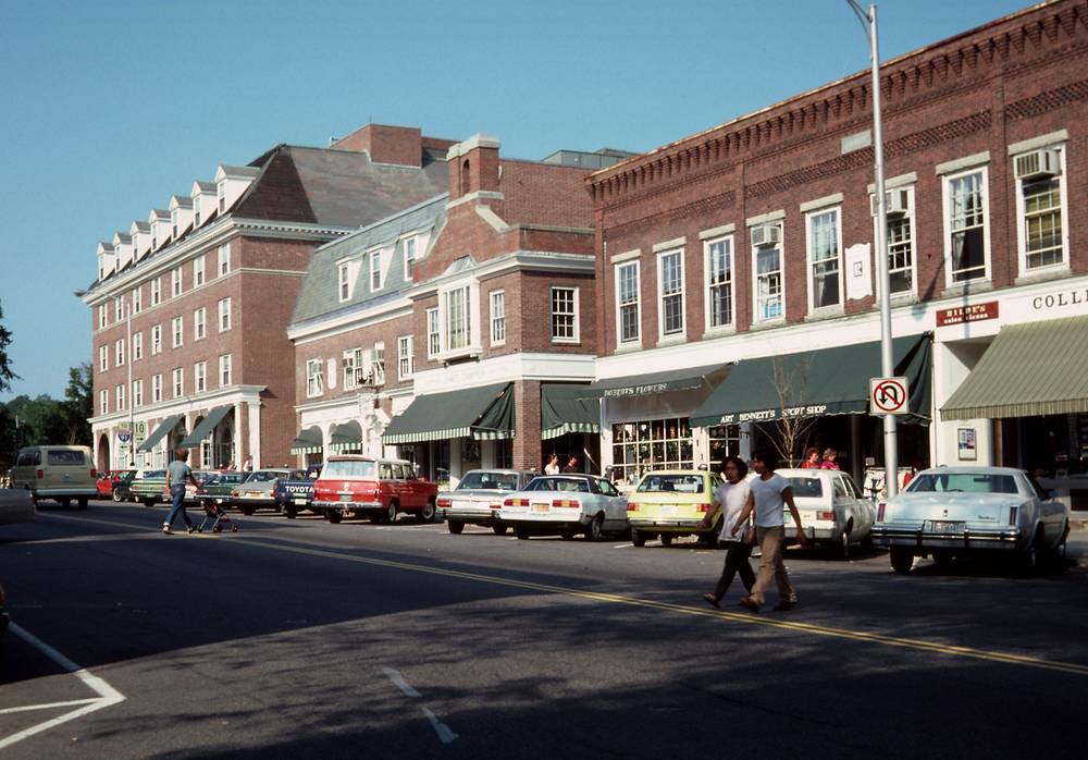 Sept. 5, 1981 - Vermont Bicycle Touring based at Lyme Loch Inn, New Hampshire.<br />Downtown Hanover, New Hampshire.