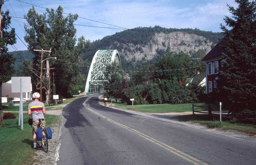 Sept. 6, 1981 - Vermont Bicycle Touring trip with based at Lyme Loch Inn, New Hampshire.<br />About to cross the Connecticut River at Orford, New Hampshire.<br />Buzzy is just ahead.