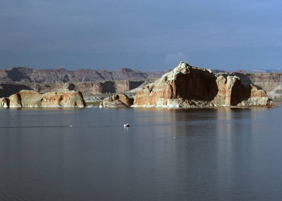 Sept. 16, 1981 - Wahweep, Arizona.<br />Castle Butte across this arm of Lake Powell.