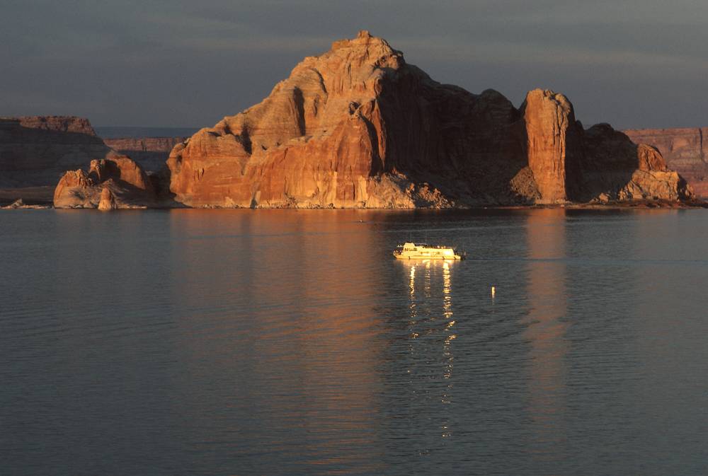 Sept. 16, 1981 - Wahweep, Arizona.<br />Castle Butte at sunset across this arm of Lake Powell.