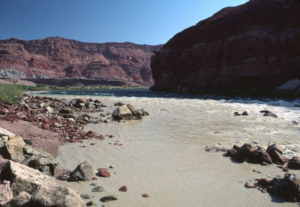 Sept. 17, 1981 - Lee's Ferry, Arizona.<br />The clear waters of the Colorado River and the muddy waters of the Paria River.