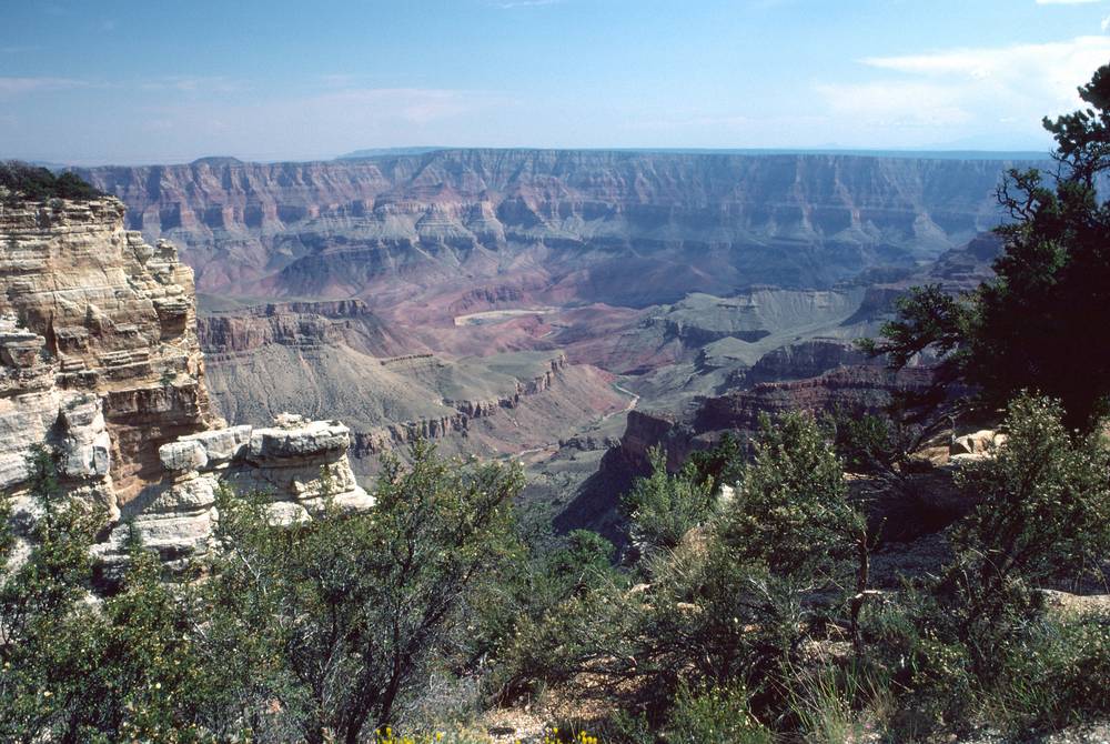 Sept. 17, 1981 - North Rim of the Grand Canyon, Arizona.<br />28mm view from Cape Royal towards a glimpse of the Colorado River.
