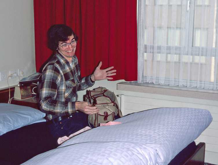 Feb. 27, 1982 - Zurich, Switzerland.<br />Dennis in our hotel room (Hotel Jura?).