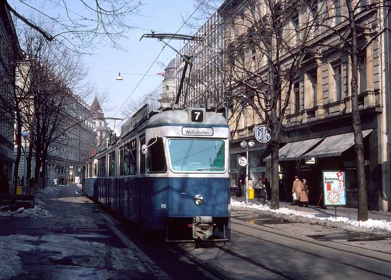 Feb. 27, 1982 - Zurich, Switzerland.<br />Streetcar along the Bahnhof Strasse.