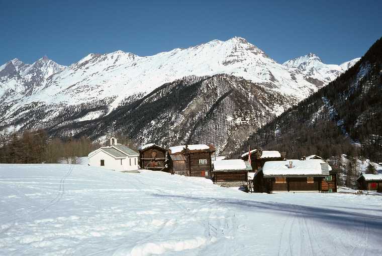 March 1, 1982 - Zermatt, Switzerland.<br />A group of houses and a small chapel near Furi.